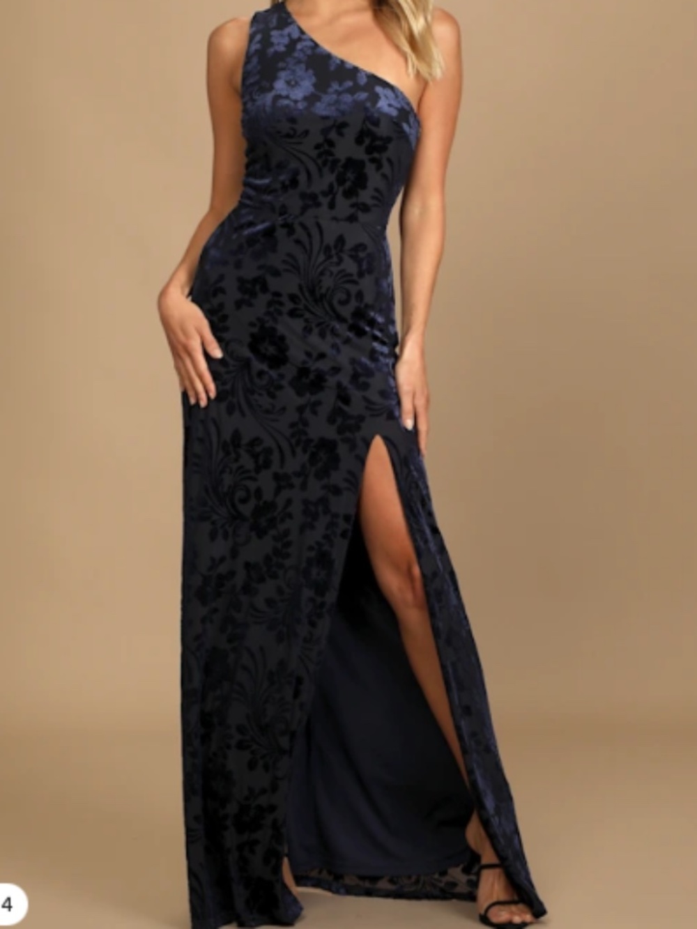 Marvelous Moi Navy Blue Burnout Velvet One-Shoulder Maxi Dress Size S